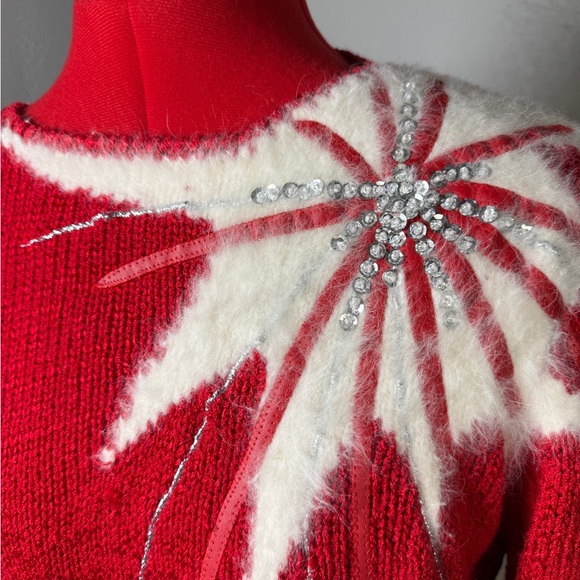 Vintage Nordstrom Town Square Red Embellished Sweater M 80s Sequin Angora Blend - Picture 3 of 7
